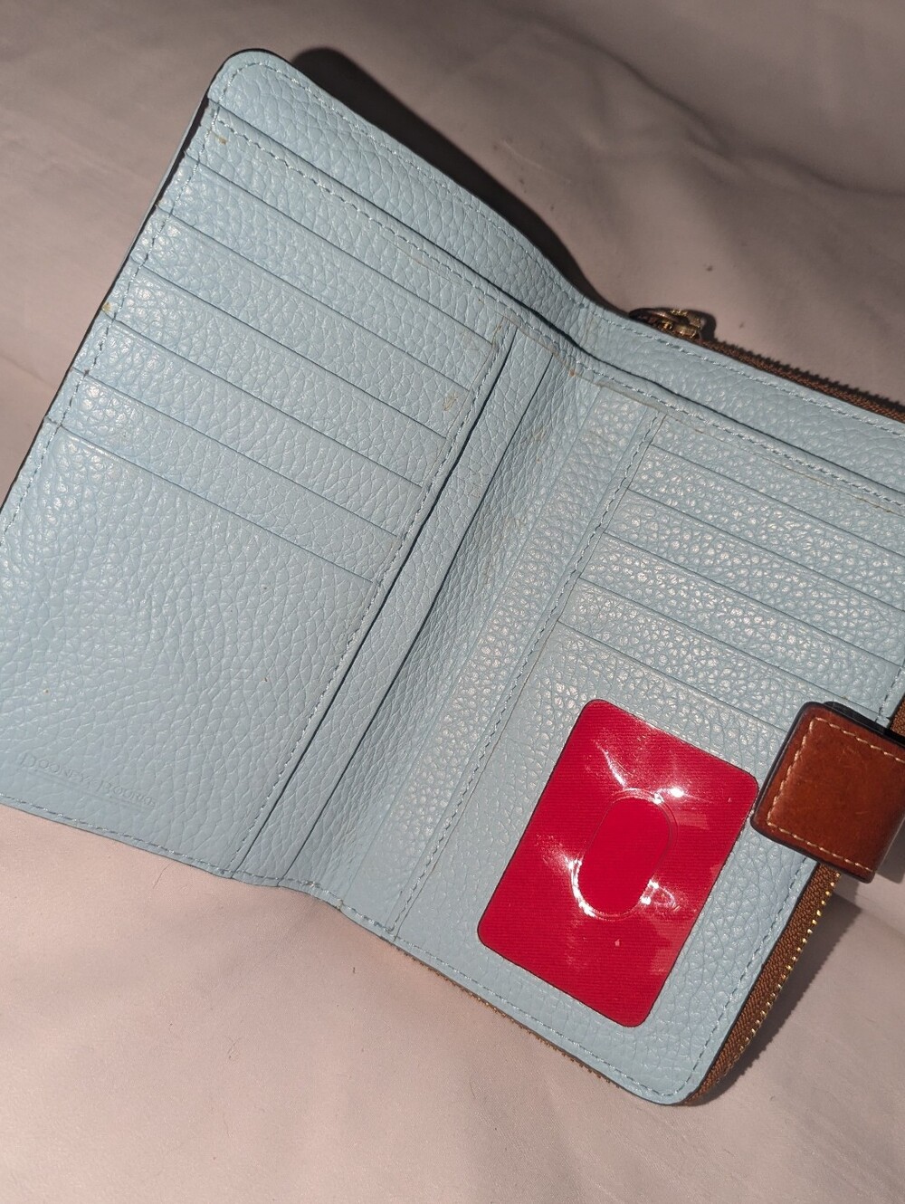 Dooney & Bourke Pale Blue Pebbled Leather Zip-Around Wallet with Brown Trim - Picture 4 of 10